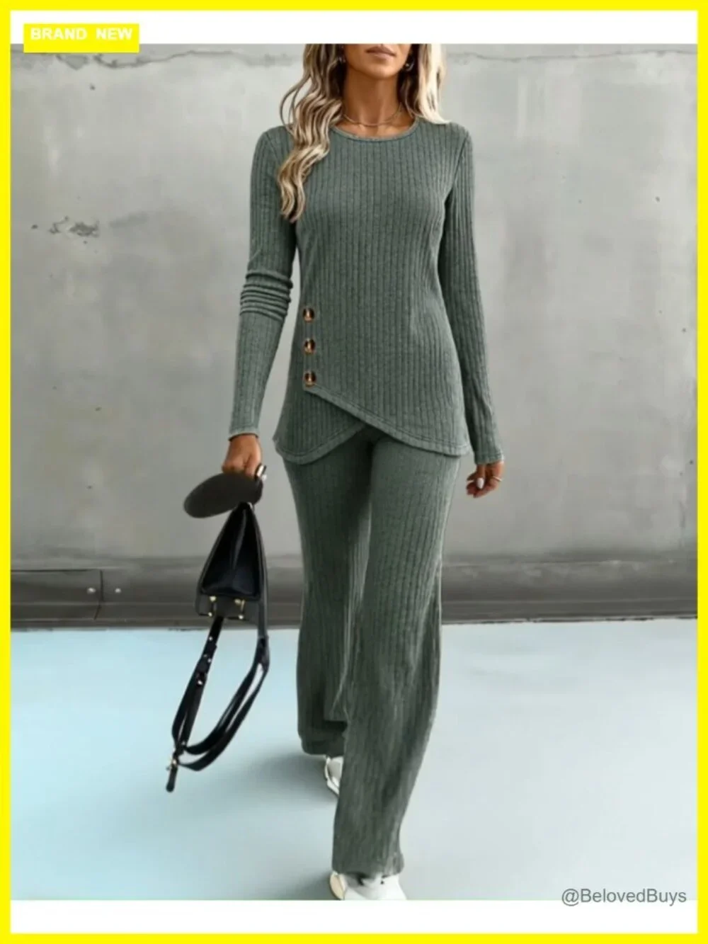 2 Piece Lounge Set - Knit Top & Wide Leg Pants - Pockets - Casual